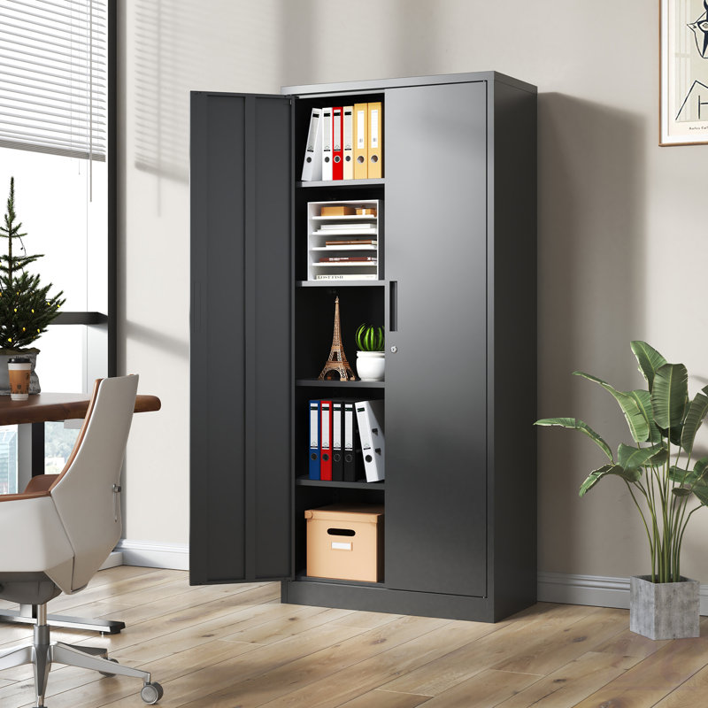 Armoire de rangement en métal 72 po H, armoire verrouillable en acier à outils noir avec portes et 4 tablettes, grands classeurs pour systèmes de rangement de garage