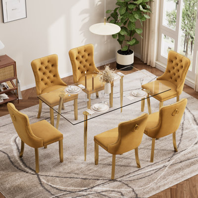 Ensemble de table de salle à manger rectangulaire moderne en verre trempé, table de salle à manger de luxe avec chaise de salle à manger en velours capitonné