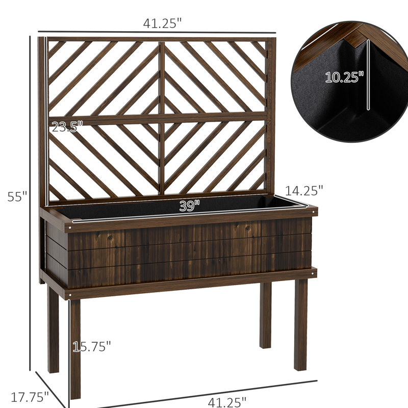 Lit de jardin surélevé Outsunny avec treillis pour plantes grimpantes, légumes, vignes, pot à fleurs en bois avec pieds, trous de drainage et filtre pour jardin extérieur, patio, carbonisé