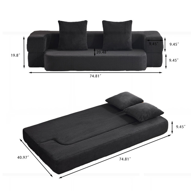 Ebern Designs Transformable Sectional Sofa with 3 Ottoman Stools, Black