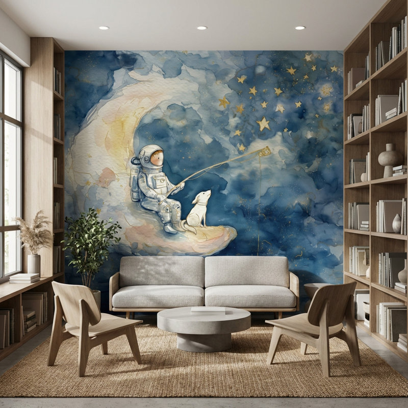 Panneau mural astronaute lune amovible étoiles, Texturé non collé, 160 po x 108 po