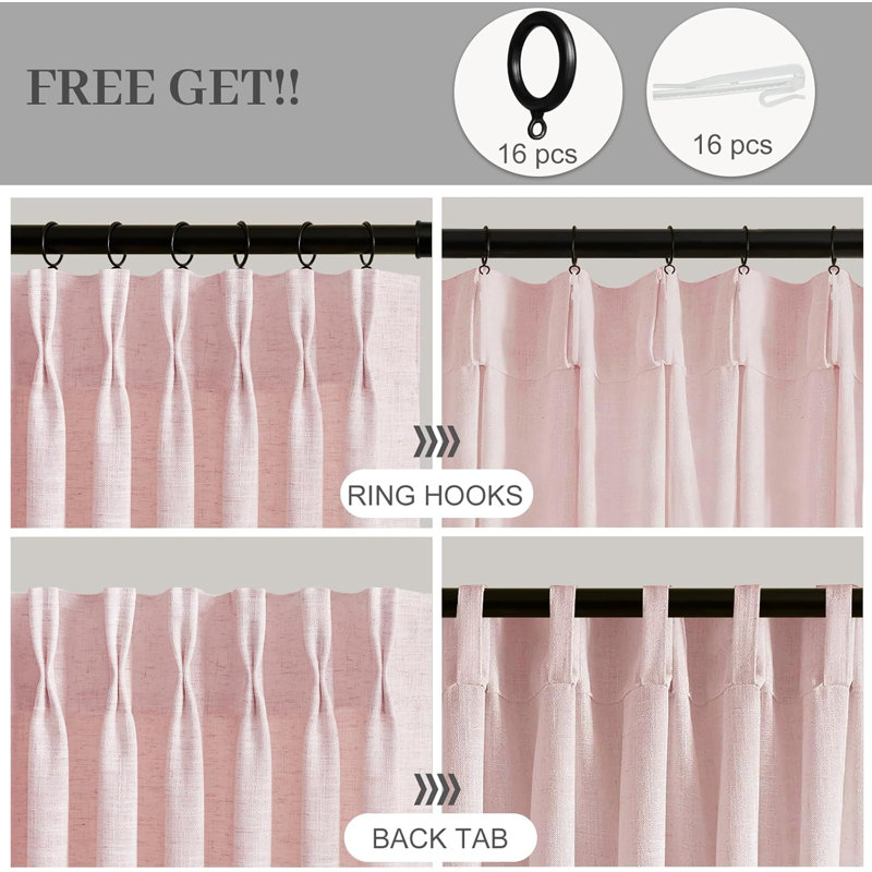 YZ Home Pinch Pleated Linen Curtains 2 Panels Set, Light Filtering Linen Blend Sheer Drapes Memory Trained Pleated Curtain Back Tab with Hooks Rings for Living Room Bedroom