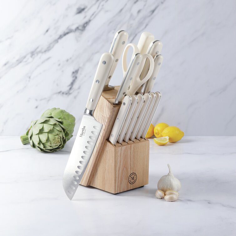  MARTHA STEWART Eastwalk 14 Piece High Carbon Stainless Steel Cutlery  Knife Block Set w/ABS Triple Riveted Forged Handle Acacia Wood Block -  Linen White: Home & Kitchen