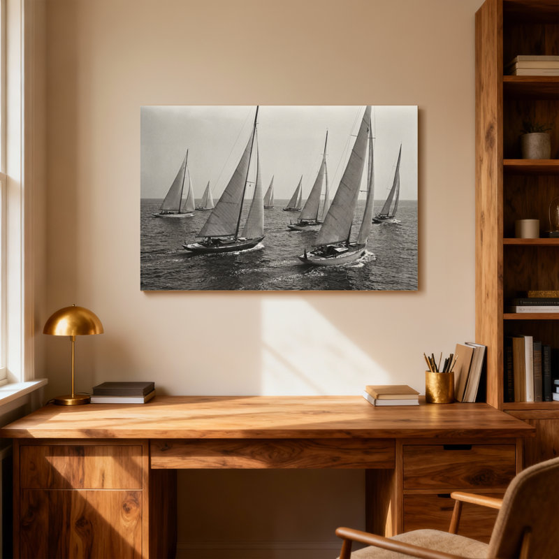 Bateaux à voile tendance en haute mer en noir et blanc, H 16 po x l 24 po