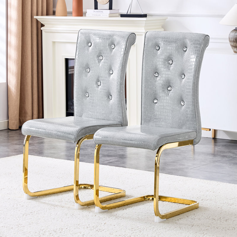 Modern Faux Leather Dining Chairs Set of 2, Glam Upholstered Side Chairs with Gold Bow Legs, Retro Kitchen Chairs with Alligator Pattern (Gray, Golden Plated Leg )