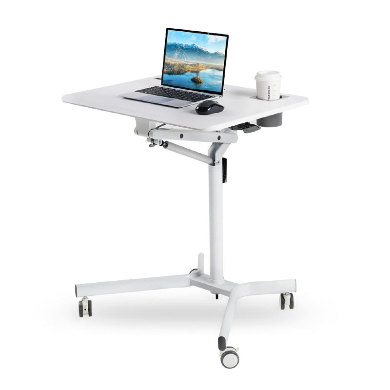 Mobile Sit Stand Desk - Height Adjustable Standing Laptop Desk Cart Rolling Couch Table On Wheels White Workstation With Gas Spring Riser For Home Office Classroom