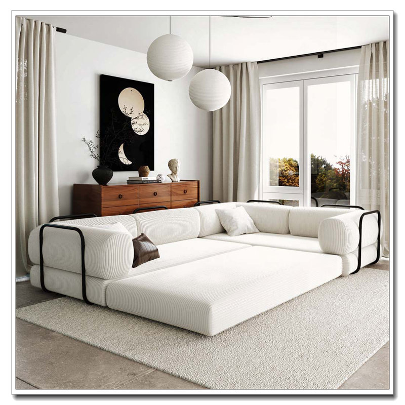 Canapé-lit modulaire en L en velours côtelé, Beige