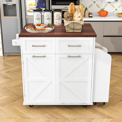 Elegant Kitchen Island with Removable Side Shelf, Tilt Trash Cabinet by Gracie Oaks