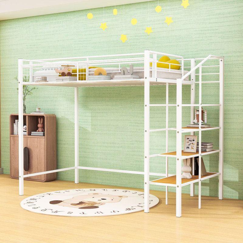 Lit mezzanine simple en métal avec escalier multifonctionnel et tablette de rangement supérieure, Blanc