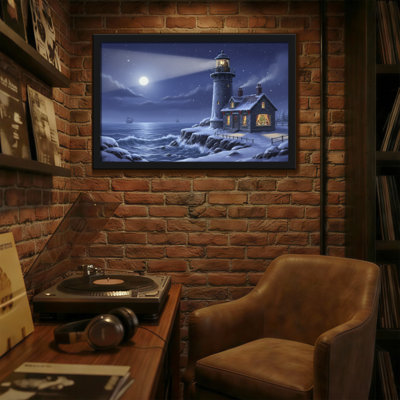 Scène de nuit, phare de Noël et lune enneigée