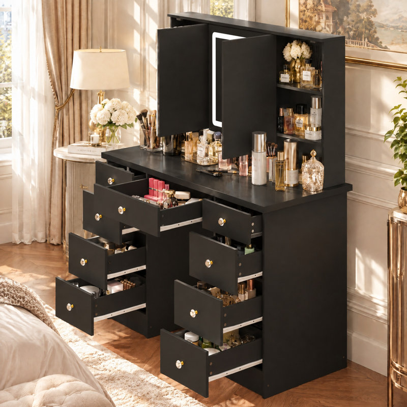 Coiffeuse à 9 tiroirs avec miroir et lumières réglables Jyotsna , Noir