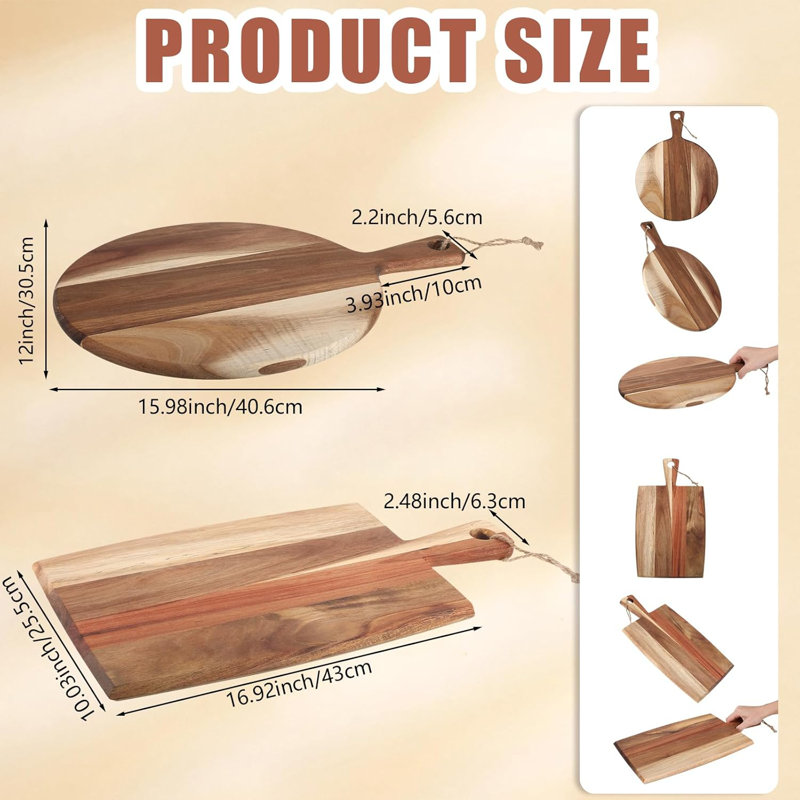 Ensemble de planches à découper en bois d'acacia - 2 planches de charcuterie rondes et rectangulaires avec poignées