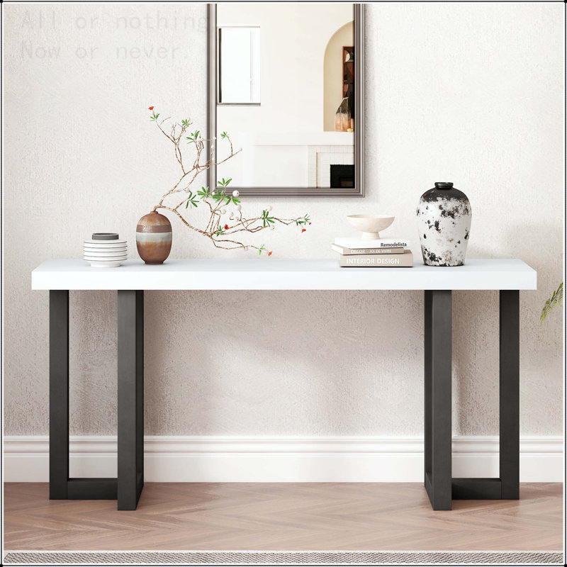 Console géométrique avec pieds en pin massif et placage de pin, Blanc