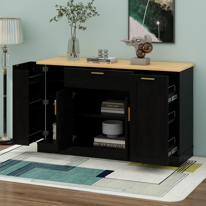 Modern Storage Sideboard With Door W/Storage Rack, Kitchen Island With Adjustable Shelves, 3-Tier Pull-Out Rack And Drawer