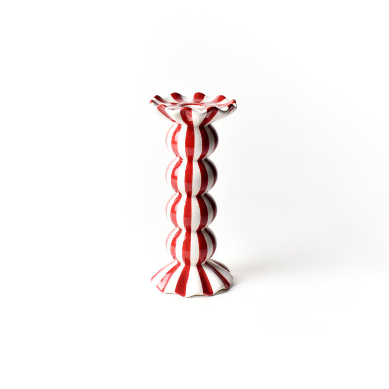 Red Stripe Medium Ruffle Knobbed Candle Holder, 7.75" H x 3.5" W x 3.5" D