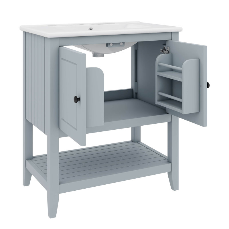 Lavabo de meuble-lavabo moderne en céramique 30 po avec tablette ouverte et tablette de porte