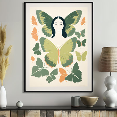 Butterfly Woman In Retro Green - Woman Butterfly Wall Art Living Room