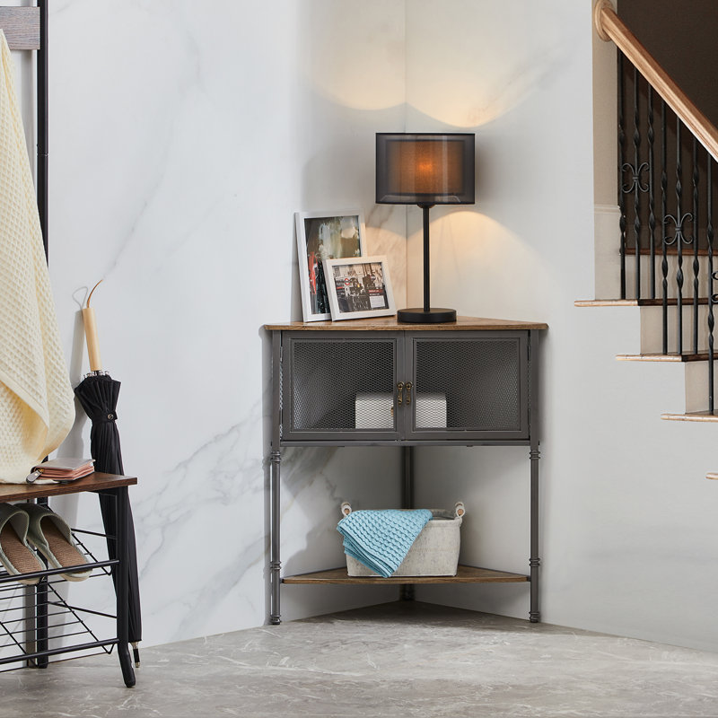 Set of 2 Corner End Tables, 2 Pack Farmhouse Corner Tables with Storage Cabinet, Industrial Triangle Side Tables Set of 2 with Mesh Doors & Shelf, Rustic Small Space Accent Tables for Living Room Bedroom
