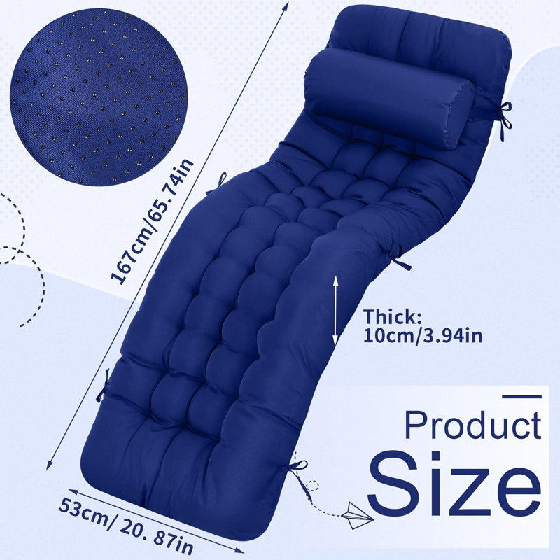 Waterproof Fade-resistant Outdoor Chaise Lounge Cushion With Headrest Pillow And Ties, Patio Pool Chair Replacement Cushion, Navy Blue, 1 Piece