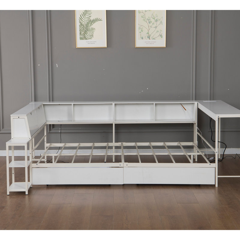Corner Bed Frame Twin Size with Bookcase and 2 Underbed Storage Drawers, Modern Bed with LED Light and Charging Station, Left and right interchangeable