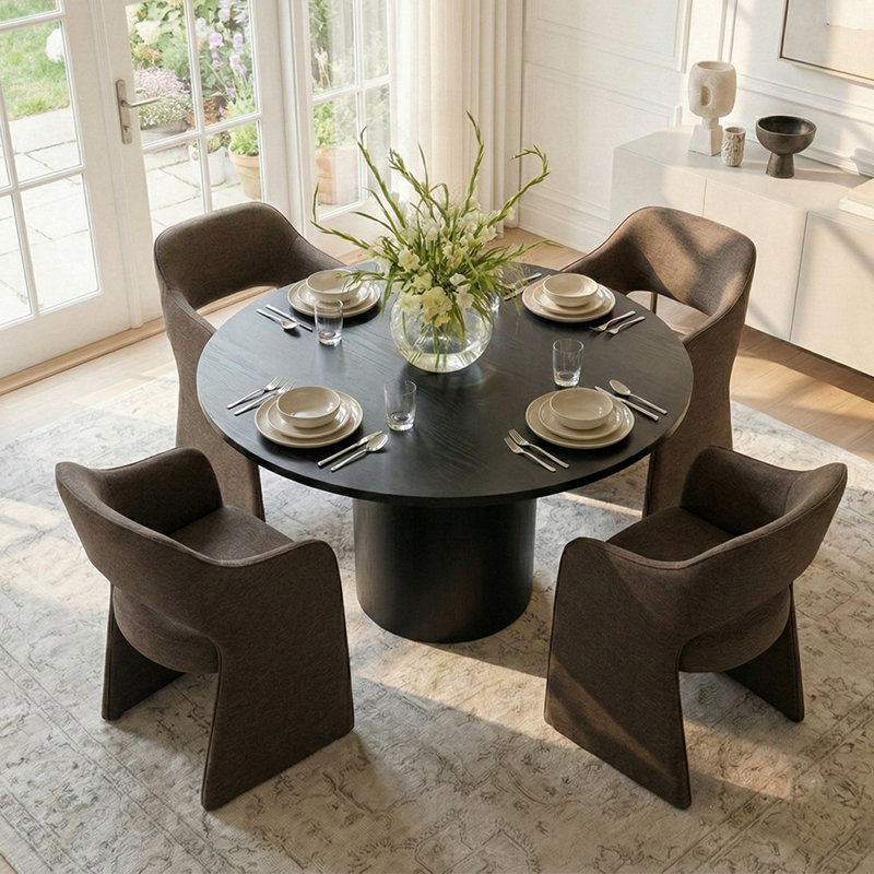 Ensemble de table de salle à manger pour 4 personnes avec table ronde et 4 chaises rembourrées imperméables, Noir, Brun