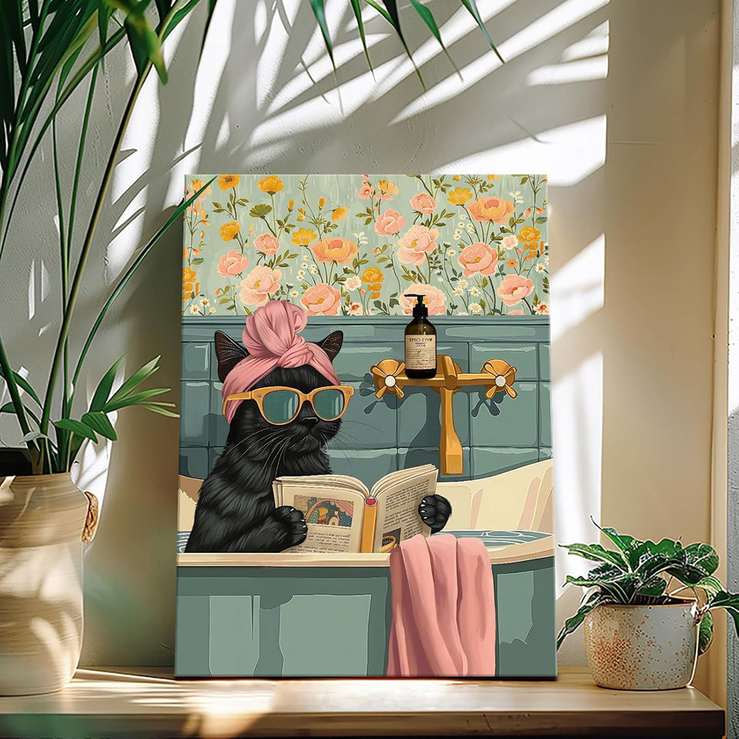 Funny Black Cat Bathroom Canvas Wall Art Cute Cat Reading Print Poster Animal Bathtub Painting Picture For Bathroom Toilet Kids Room Cat Lovers Restro