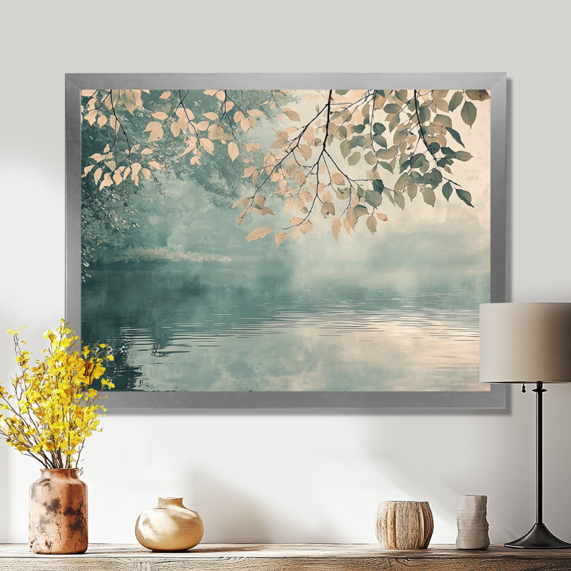 Riverbank Leaves Simplicity Scenery II - feuilles, art mural, Reproduction encadrée d'une seule photo, Argent argent