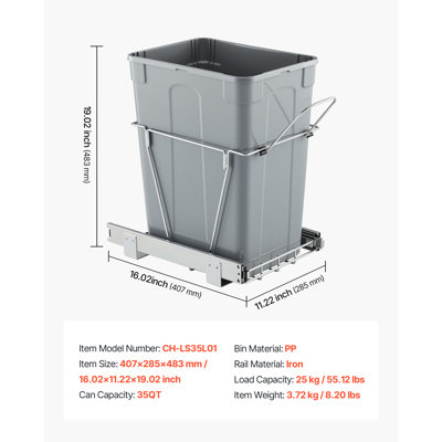 Poubelle coulissante pour armoires de cuisine, bac à déchets de 35 litres, à encastrer sous comptoir, avec système coulissant à extension complète en métal robuste et poignée.