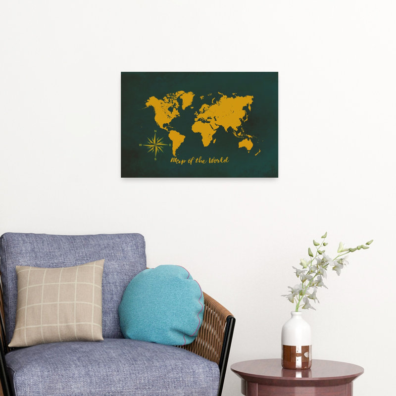 Art mural doré carte du monde contemporaine, H 16 po x l 24 po, Black/Yellow