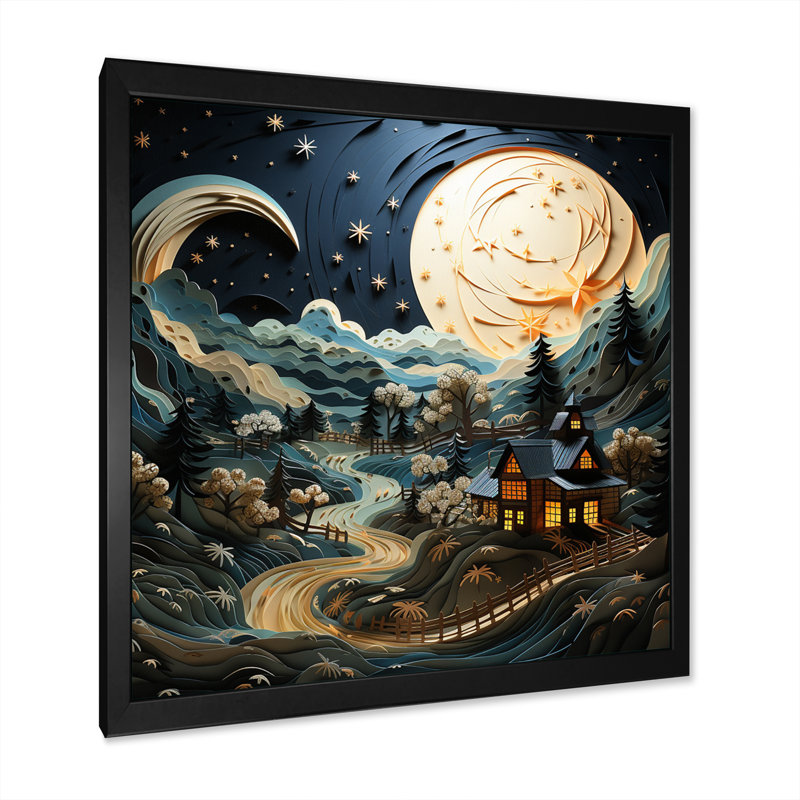Paysage avec grange au clair de lune - impression, Cadre simple noir, H 16 po x l 16 po x P 1 po