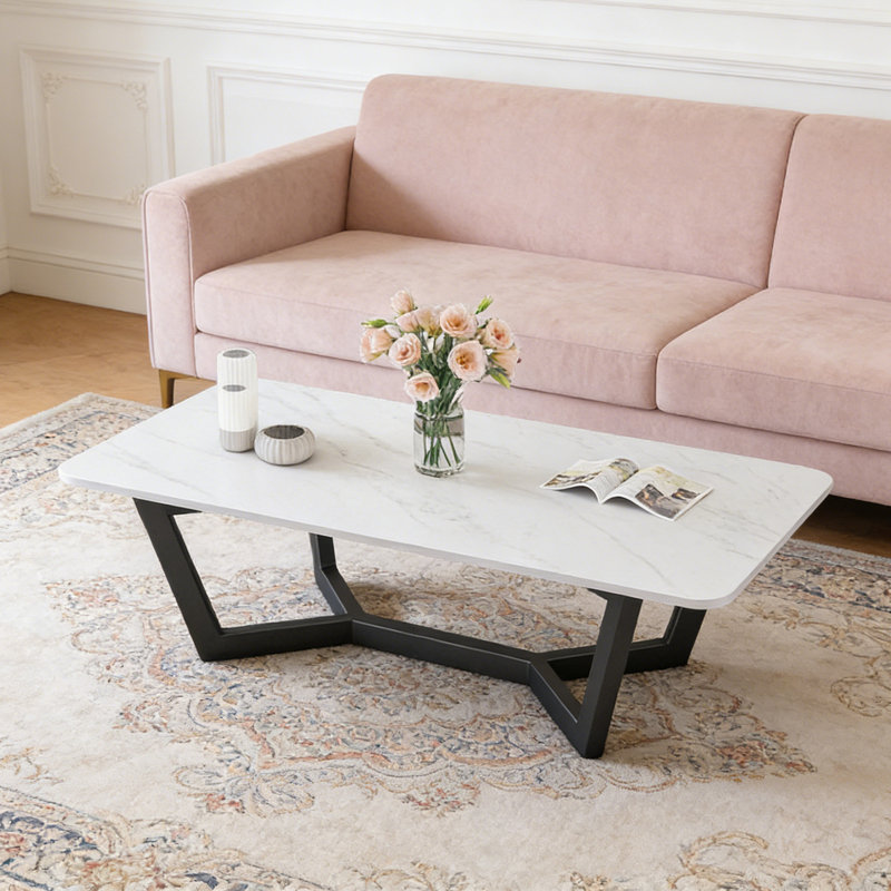 Table basse moderne et luxueuse, Blanc / Gris, H 17,71 po x L 51,18 po x l 27,55 po, Noir