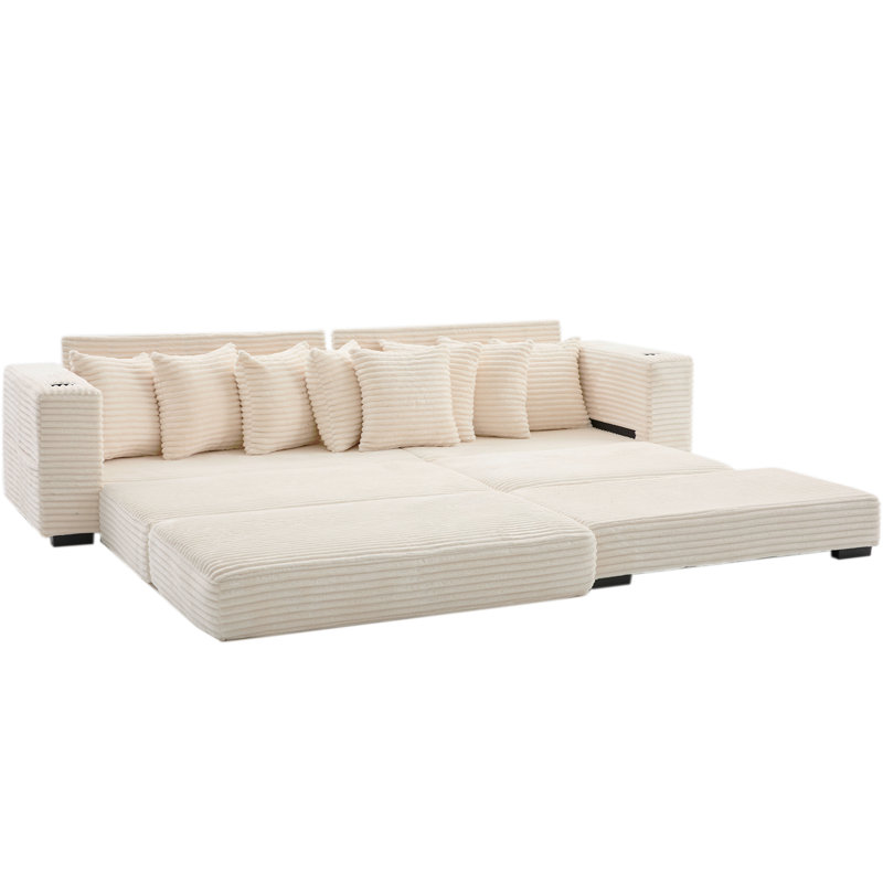 Canapé modulaire en L 110,75 po, canapé modulaire en velours côtelé, avec repose-pieds mobile, porte-gobelets, 8 coussins décoratifs, poche latérale, déplier dans un lit, beige