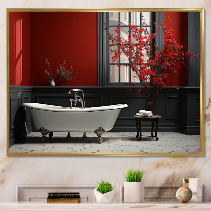 Rouge moderne, charme de salle de bain V - Art mural, H 34 po x l 44 po x P 1,5 po, Cadre flottant doré