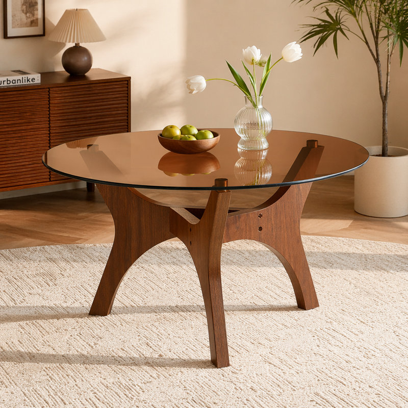 Table basse de 31,5 po en verre, de style Mid-Century moderne, idéale comme pièce maîtresse pour les salons, les chambres à coucher, les espaces de réception et les bureaux (noyer)