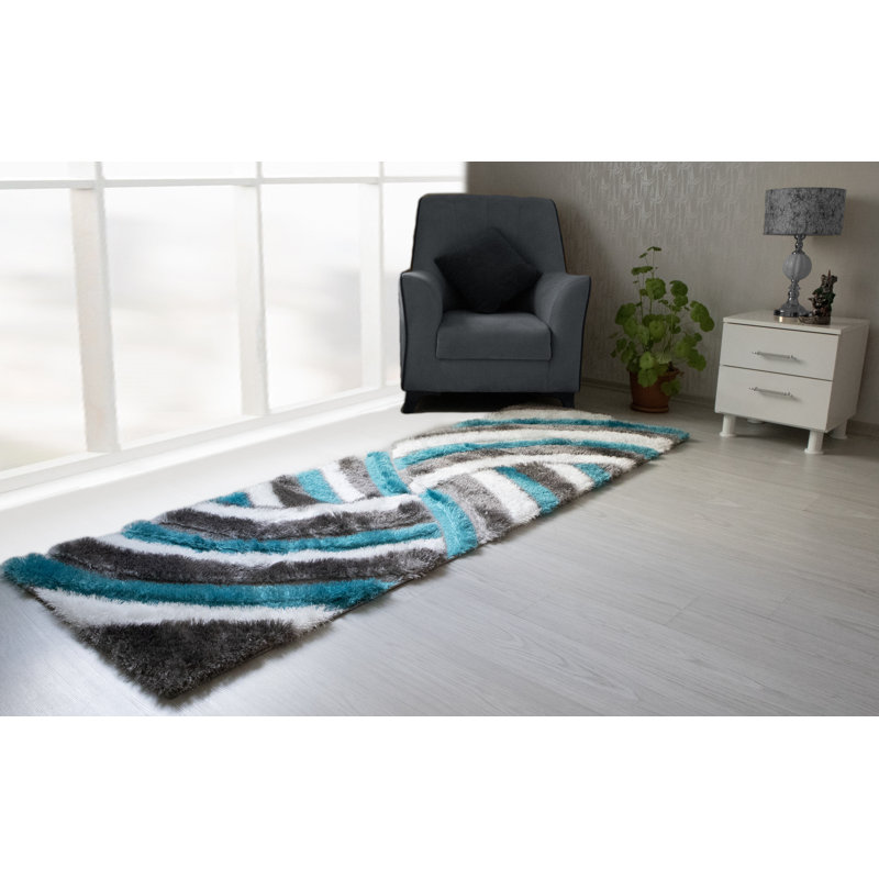 Tapis blanc / gris / bleu en polyester Marcellina, Tapis de couloir de 2 pi x 7 pi