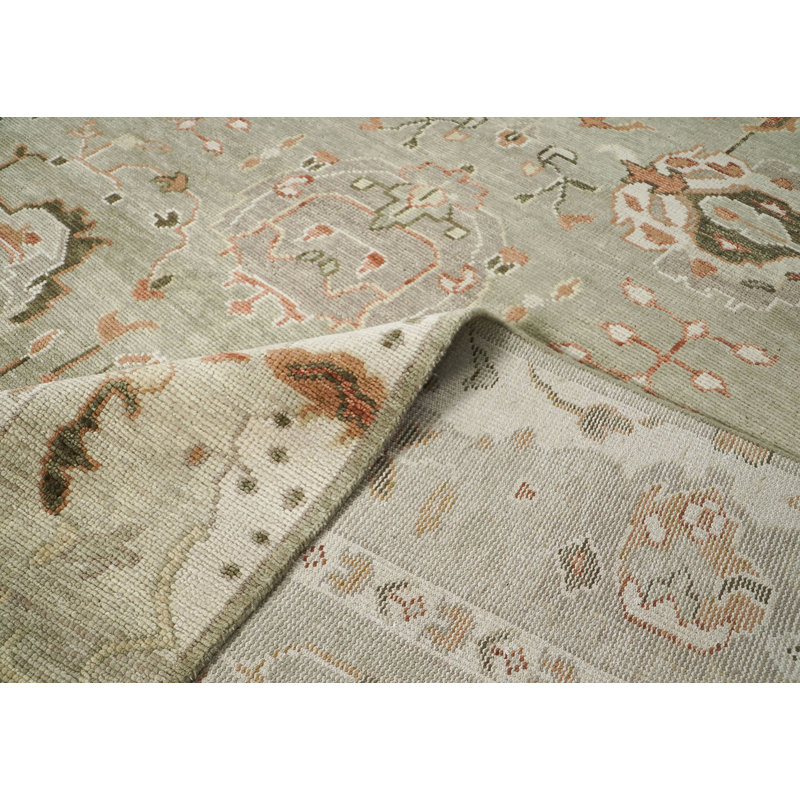 Tapis transitionnel vert en laine noué à la main 9 pi 10 po x 14 pi 1 po Oushak, Rectangle 9 pi 10 po x 14 pi 1 po