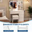 Bureau de maquillage avec miroir lumineux à 3 couleurs DEL, 4 tiroirs et station de charge, ensemble de meuble-lavabo de chambre à coucher avec prises USB / Type-C, tabouret de rangement et tablettes ouvertes-547140721