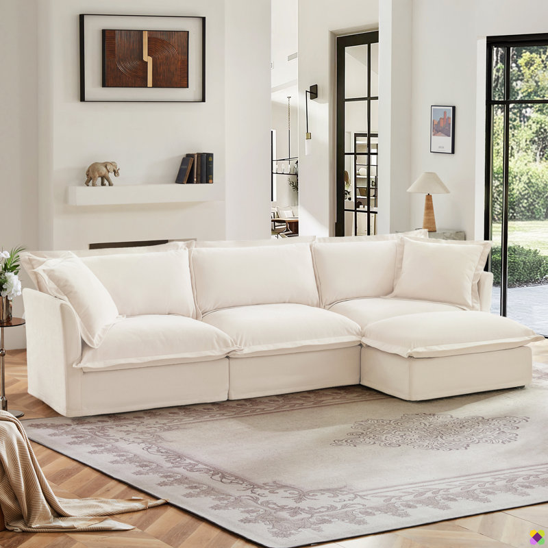 Crofford 120"W Modular Chenille LAF RAF Sectional, Sofa Couch, 3 Seater, Beige Chenille