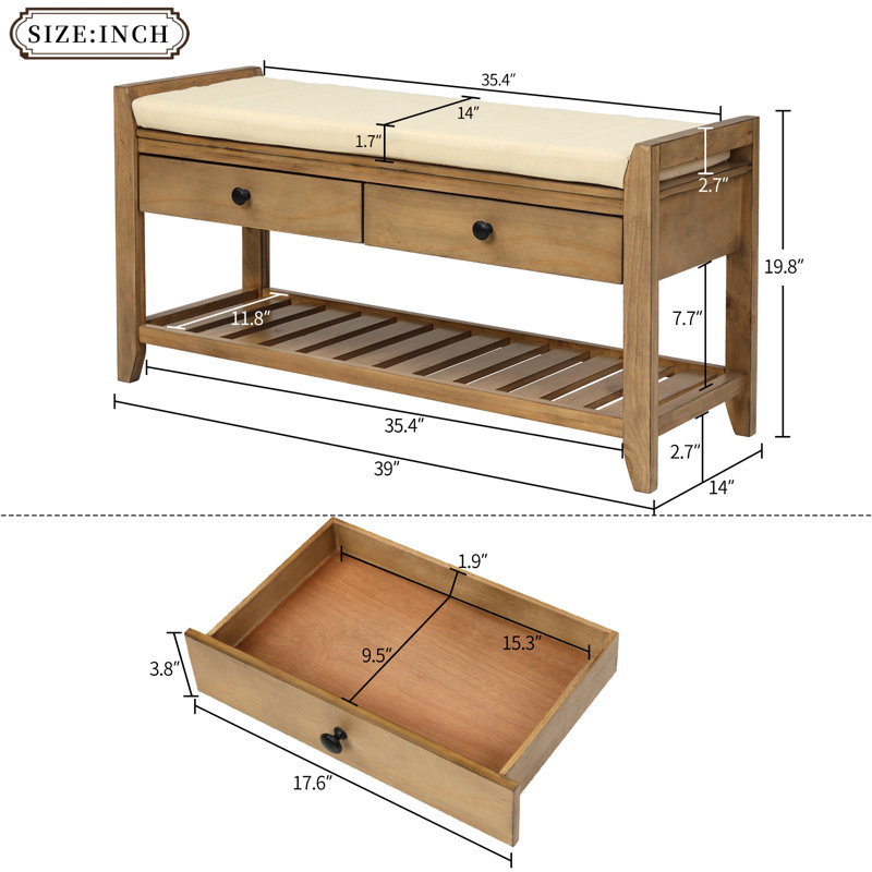 Multipurpose Entryway Shoe Storage Bench with Cushioned Seat and Drawers, Old Pine
