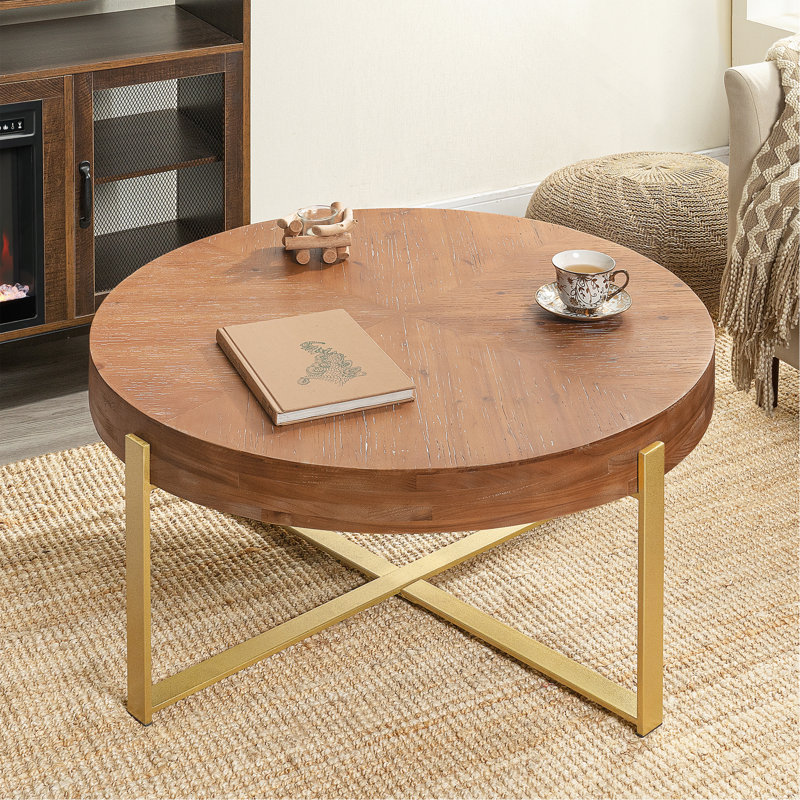 Table basse 33,86 po d'épaisseur rétro moderne avec plateau en bois de sapin et pieds croisés, Brun, Doré