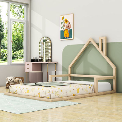 Wood Floor Bed With Playful House-Shaped Headboard And Slats by Harriet Bee