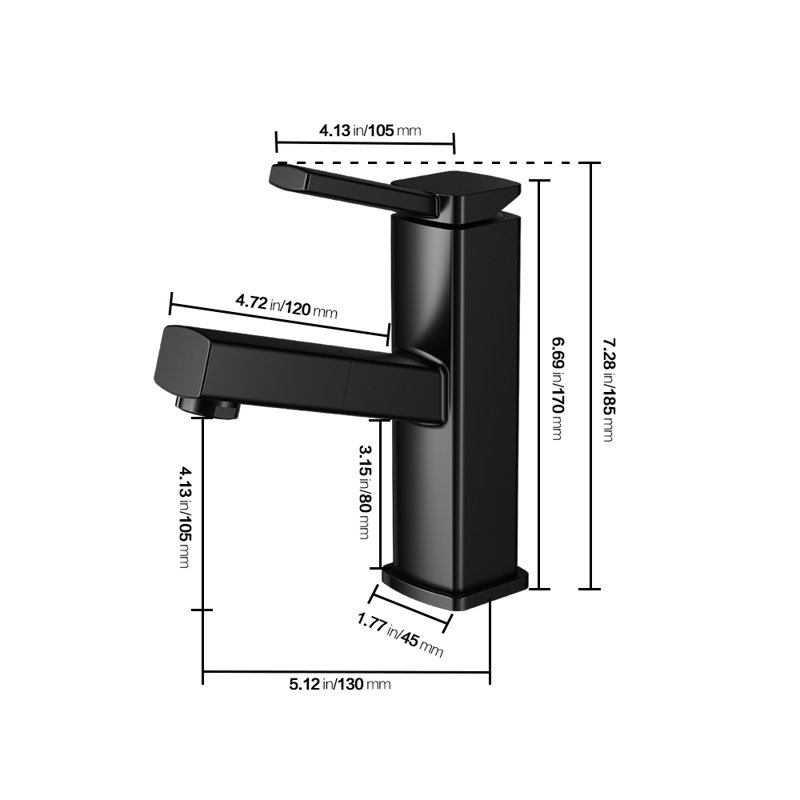 Robinet de salle de bain noir à poignée simple avec douchette extractible, Noir, Ordinaire