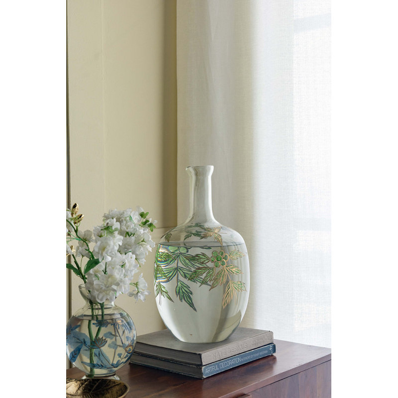 D9.1x16.5 "Vase en verre transparent arrondi avec col étroit et motif botanique vert et or