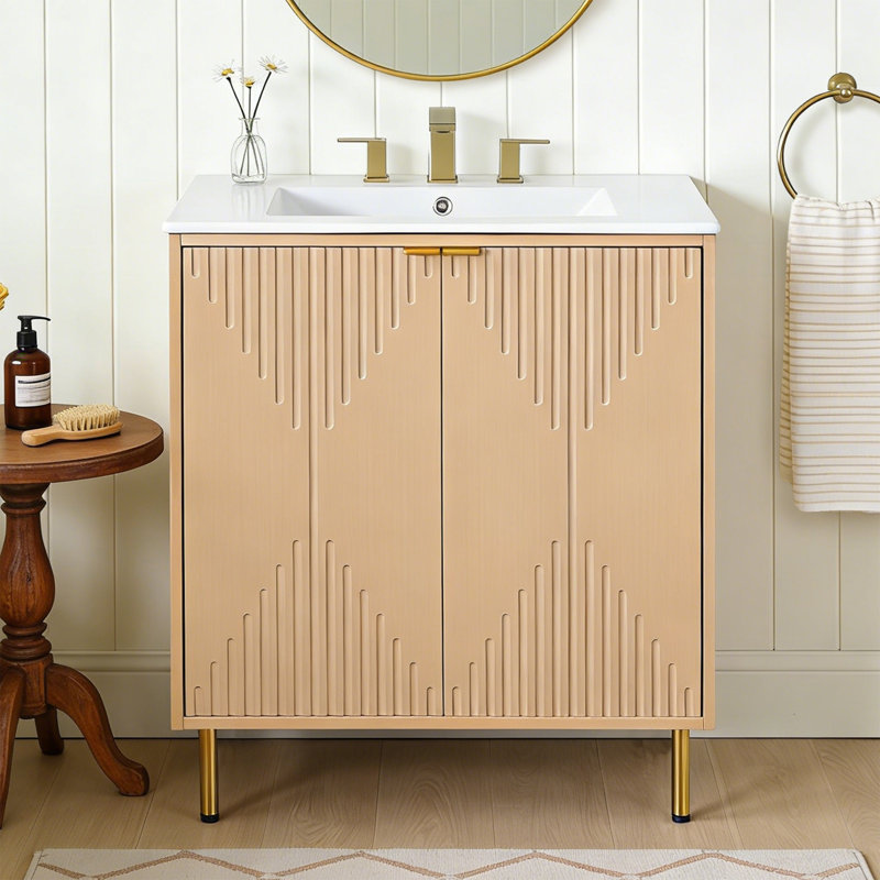 Meuble-lavabo simple 30 po à grain de bois moderne avec lavabo en céramique