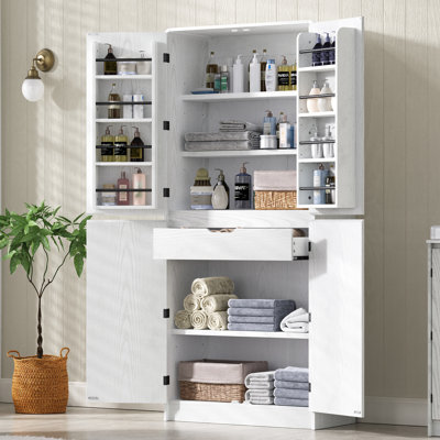 Farmhouse Kitchen Pantry Cabinet with 8 Door Shelves, Curved Design Storage Cabinet with 3 Adjustable Shelves, Hidden Drawer, Versatile Cupboard for K