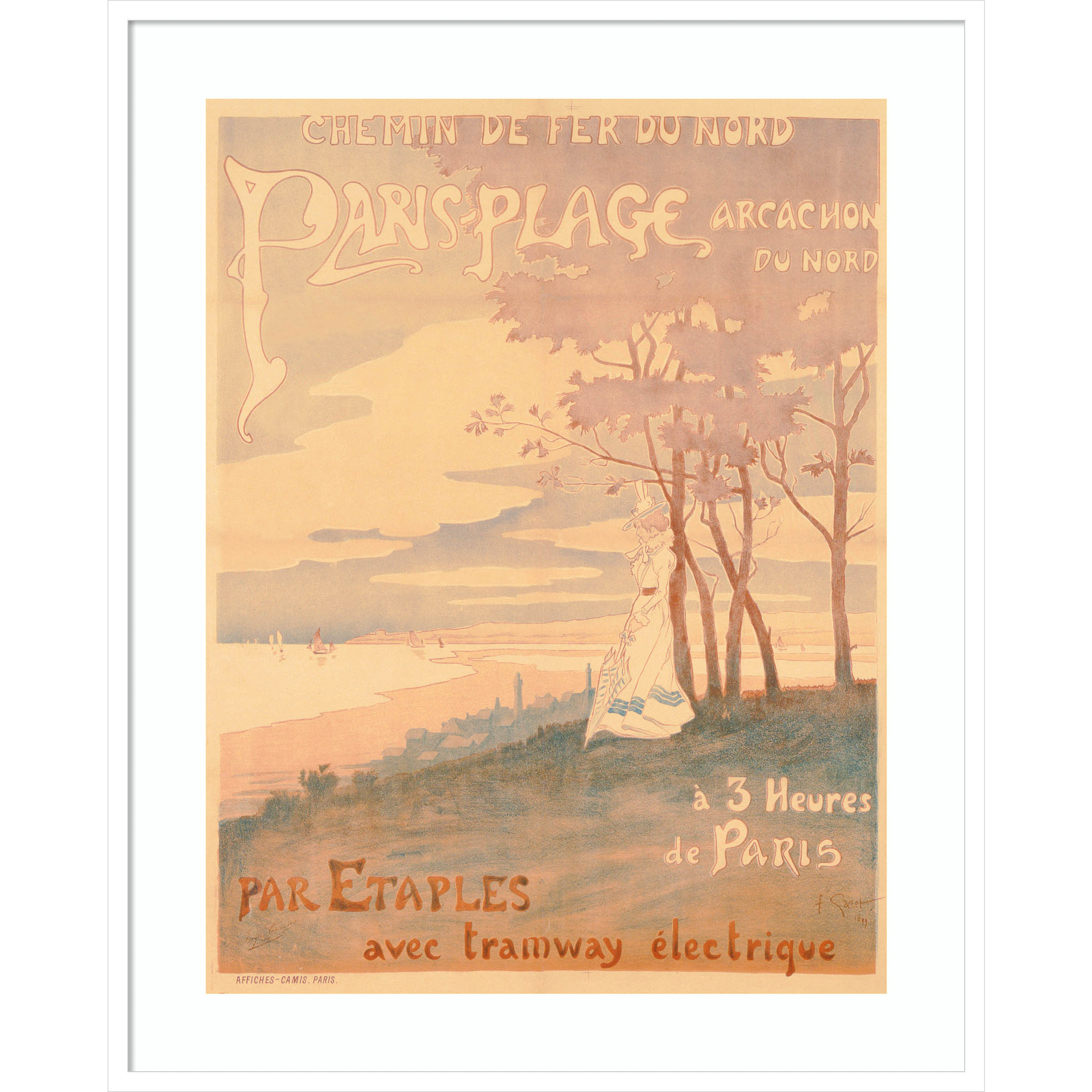 Poster Advertising Trams to Paris Plage by French School (19th century) Wood Framed Wall Art Print, White , 41" H x 33" W
