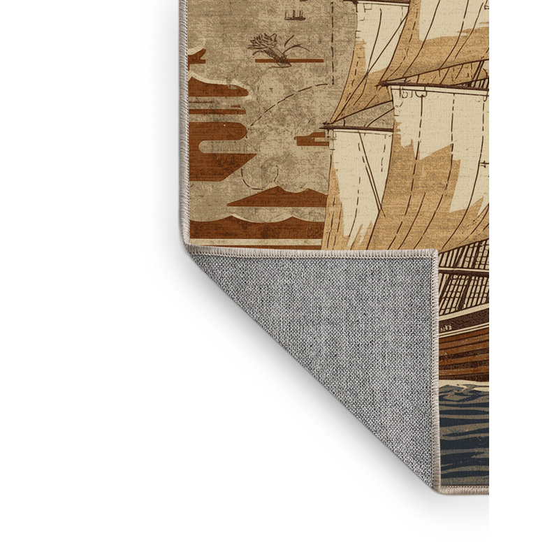 Machine Washable Maurice Classic Sailing Boat Vintage Vintage Look Rug in Beige – Beige Binding, 8x10
