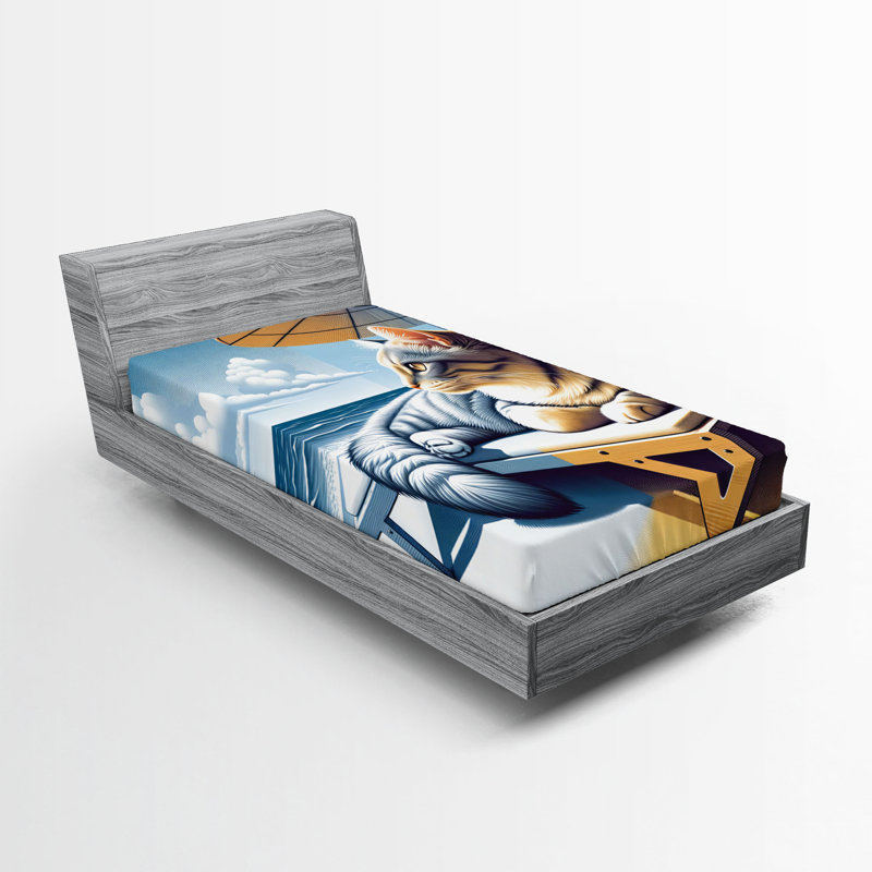 Drap-housse pour chat Ambesonne_ Chaton en train de bronzer bord de mer_ Moutarde bleu pâle, Drap-housse simple TG
