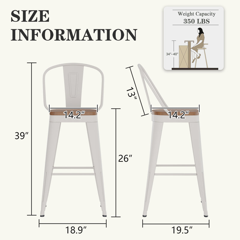High Back Metal Counter And Bar Stools, Counter Stool (26" Seat Height), Cream