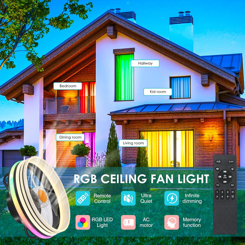 Petits ventilateurs de plafond encastrés modernes avec lumières et télécommande, Noir / rouge, vert, bleu